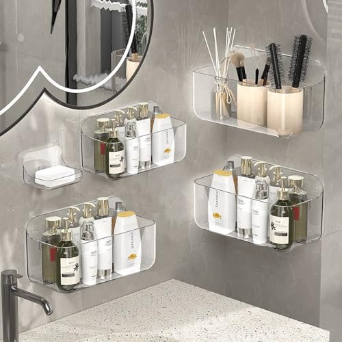 AKOLAFE 4 Pack Shower Caddy Suction Acrylic Shower Shelves No Drilling Adhesive Shower Caddy Shelf Shower Rack Wall Mounted for Bathroom, Kitchen
