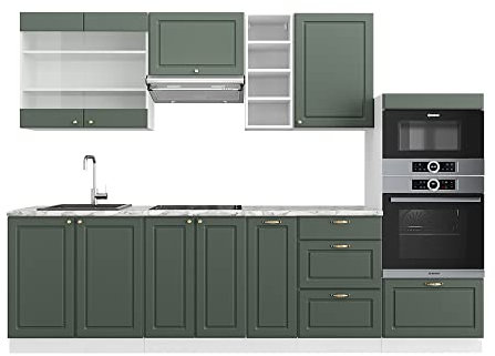 Vicco Küchenzeile Fame-Line, Küchenblock, Grün-Gold Landhaus/Weiß, 280 cm, AP Eiche