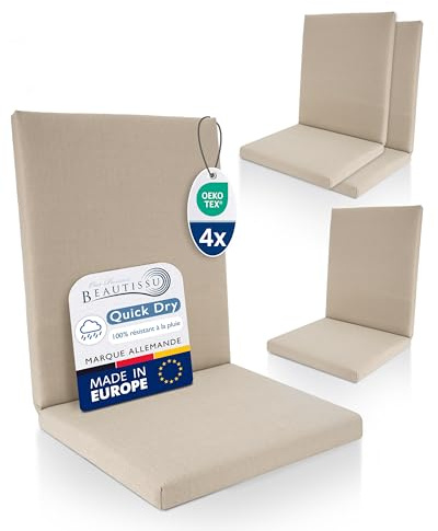 Beautissu 4er Set Premium Niedriglehner Auflage 100% Wasserdicht Sitzkissen | 100x50cm Beige UV-beständig Bequem Pflegeleicht Waschbar Gartenstuhl Polsterauflage Gartenmöbel Stuhlauflage Garten QD-NL