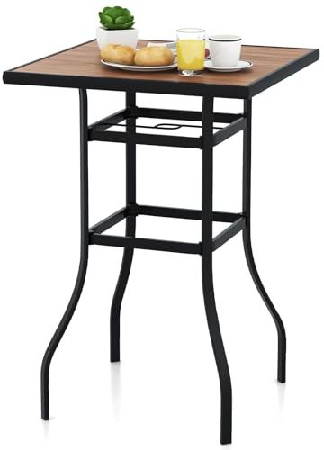 COSTWAY Bistrobord med paraplyhål, trädgårdsbord med bordsskiva i träutseende, ståbord, fyrkantigt balkongbord för trädgård, bakgård, balkong, 70 x 70 x 102 cm