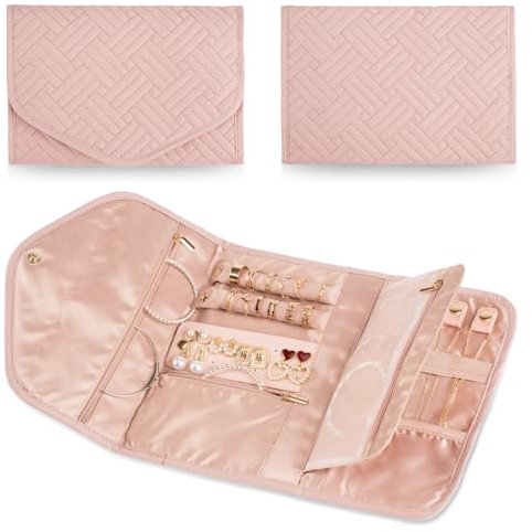 Amrules Reise-Schmuck-Organizer-Tasche, Anti-Verheddern, faltbar, kleine Schmuckrolle, Reiseetui, Zubehör für Halsketten, Ohrringe, Ringe, Armbänder, Uhren, Rosa