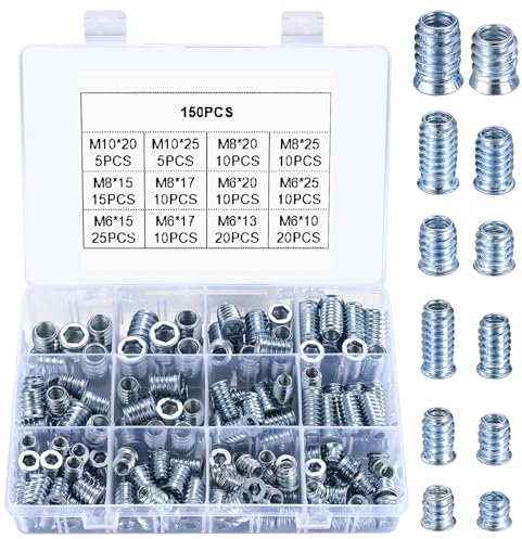150 dadi a vite, inserto filettato M6 M8 M10, in legno, inserti filettati, manicotti filettati, esagono incassato in acciaio al carbonio zincato per mobili in legno