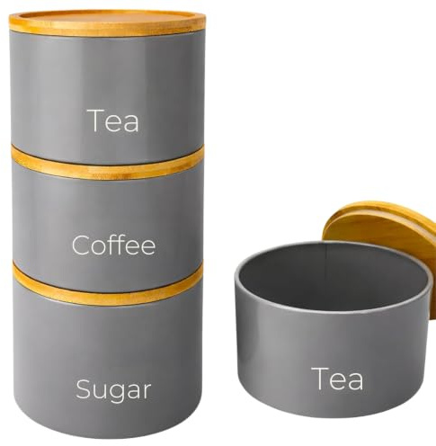 SAFRI 3 Pieces Jar with Wooden Lid Tea Coffee Sugar Canister Storage Container Bowl Pots Kitchen Storage Tins (Grey)
