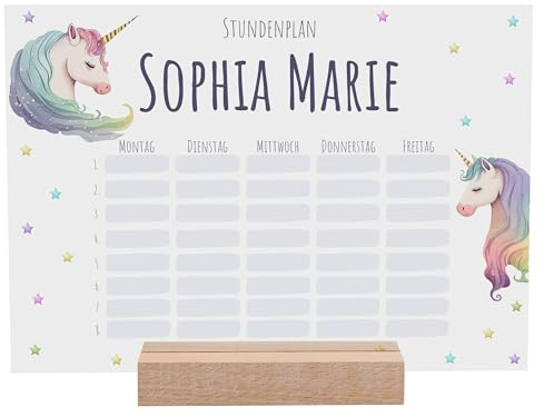 Stundenplan abwischbar personalisiert mit Namen - DIN A4 - Einhorn | + Holzhalter und Stift, Geschenke für die Einschulung, Einschulungsgeschenk Mädchen, Schulstart, Einhorn Geschenke Mädchen
