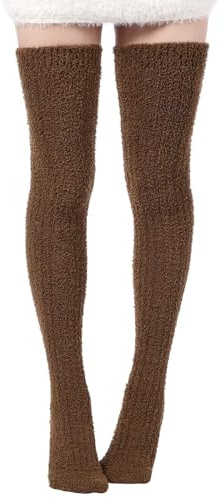 Moon Wood Womens Thigh High Socks Long Soft Warm Leg Warmers Fuzzy Over Knee High Stockings Coral Fleece Plush Socks