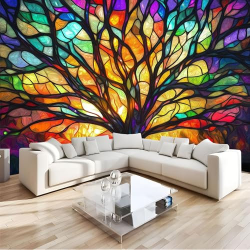 JEDTAKCT 300X210Cm Seidetapete Abstrakte Farbige Fenstertapete Elegance Tapete Im Psychedelische Pflanzen Design Tapete Wandtapete Wohnzimmer Schlafzimmer Flur Strukturtapete