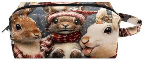 Reise-Kulturbeutel, Kosmetiktasche für Damen, Mikrofaser-Leder, Make-up-Tasche, Organizer mit Reißverschluss, Weihnachts-Kaninchen, multi, 8.2x3.1x3.5 in/21x8x9 cm, Kulturbeutel