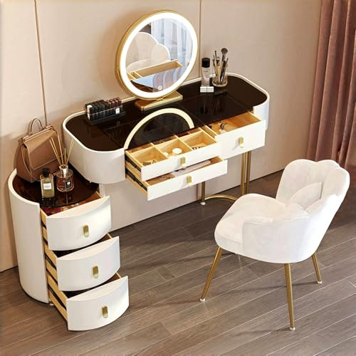 Dressing Table Set with LED Lights Mirror, Vanity Desk with 6 Drawers, Makeup Desk with Side Cabinet and High-Gloss Tabletop, Flexible Assembly, Flower Sofa Chair,White 39.4in
