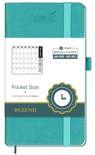 BEZEND Agenda mensual de bolsillo 2026-2027 (3.5 x 6.5 pulgadas), calendario de 2 años para monedero con páginas de notas, papel de 100 g/m², bolsillo interior, soporte para bolígrafos, tapa dura de