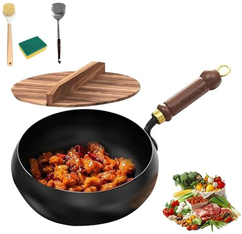 Japanese Iron Pan with Wooden Lid, Uncoated Cast Iron Frying Pan, Hand-Forged Cast Non Stick Pot for Induction Cookers and Gas Stoves (Smooth, 28cm)