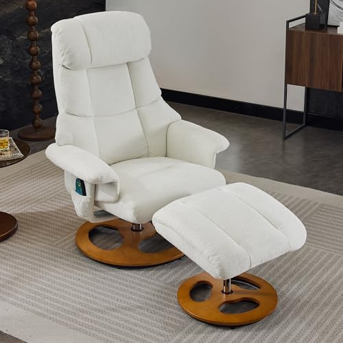DEKKETO Relaxsessel mit Hocker, Fernsehsessel mit Liegefunktion, 360° Drehstuhl mit Fußhocker aus Holz, TV Sessel Drehbar Modern mit Seitentasche, Chenille, Weiß
