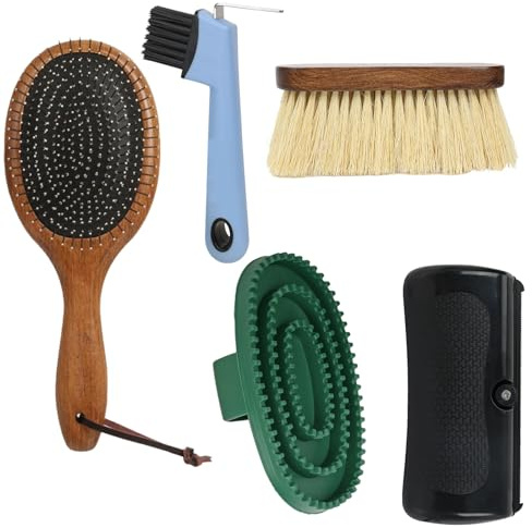 5-Piece Horse Grooming Kit With Hoof Cleaning Brush, Tail Comb, Hair Scraper and Face Brush for Equine Care