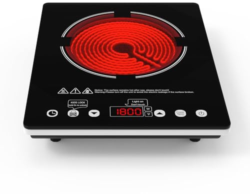 GATFFSEN Single Burner Electric Cooktop, 110V-120V Electric Stove Infrared Hot Plate with Touch Control, Child Safety Lock, Timer, 9 Power Level, 1800W Plug in Induction Cooktop Burner for Cooking