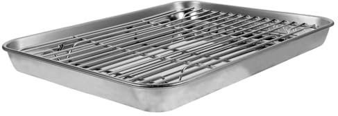 HOLIDYOYO Lot De 2 Set De Plaques De Cuisson Rectangulaires En Acier Inoxydable 26 x 20 x 2,5 Cm Avec Grille Amovible Pour Rôtissage Et Refroidissement, Utilisation Domestique, Facile à Nettoyer