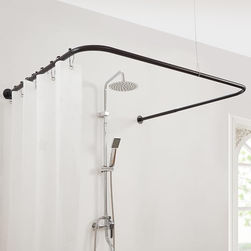 Mirooyu Duschvorhangstange U Form [Seiten: 60-132 cm, Mitte: 79-119 cm] Verstellbare Eckduschstange Duschstange für Badewanne, Dusche & Außenbereich mit 12 Haken & Deckenstütze
