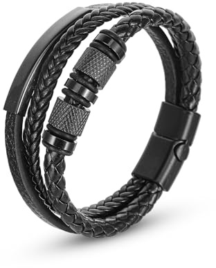 Bracelet TIESOME pour homme avec fermeture magnétique, bracelet en cuir PU multicouche en acier inoxydable pour homme - Noir - Bracelet en cuir pour homme - Cadeau pour anniversaire, Saint Valentin