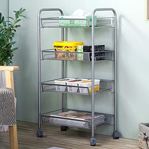 Carrello multiuso con ruote bloccabili, ripiani da cucina in filo di acciaio, versatile carrello da portata per casa, ufficio e uso esterno, con cestini in rete per una facile conservazione e