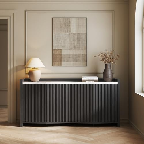 BELLEZE 66 Inch Sideboard Buffet Cabinet, Accent Modern Credenza Storage with Adjustable Shelves, Fluted Black Console Table with Faux Marble Panel for Kitchen, Dining Room, Entryway or Hallway