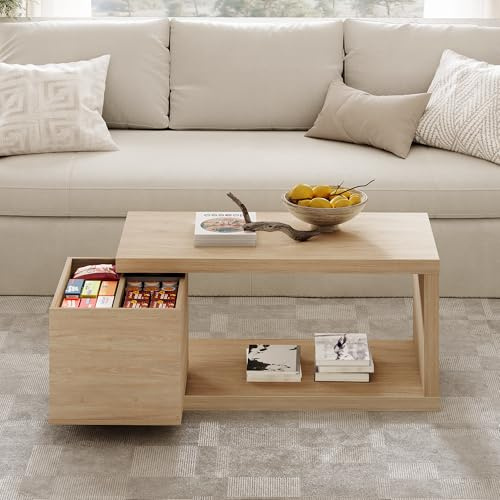 Yechen Modern Coffee Table with Hidden Storage, 1.4 Thick Long Expandable Rotating Coffee Table, Wood Rectangle Cocktail Table for Living Room,Natural