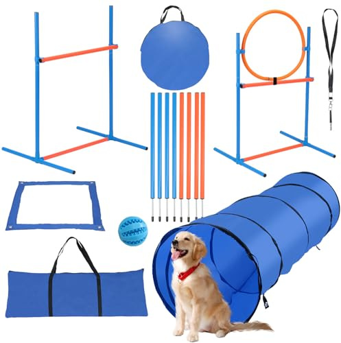 Hebitod Agility Set Perros, 5 Piezas Equipo Agility para Perros, Slalom, Valla Agility, Anillo de Salto y Túnel para Perros, 8 Varillas de Slalom, Ball, Silbato, Bolsa de Transporte, Paseo Perros