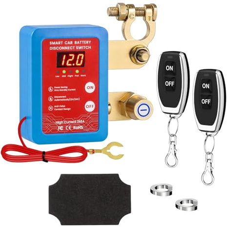 Feelhap Drahtloser Ferngesteuerter Auto Trennschalter, Batterie Kill Switch | 12V Batterietrennschalter mit Kabelloser Fernbedienung, 240A Batterie Trennschalter mit LED-Anzeige, für Auto, RV, ATV,LKW