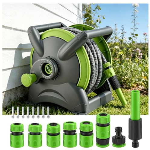 Avvolgitubo da 20 m con 6 avvolgitubo da giardino mobile, avvolgitubo portatile, salvaspazio, montaggio a parete e rimovibile in qualsiasi momento, siringa e parti del sistema