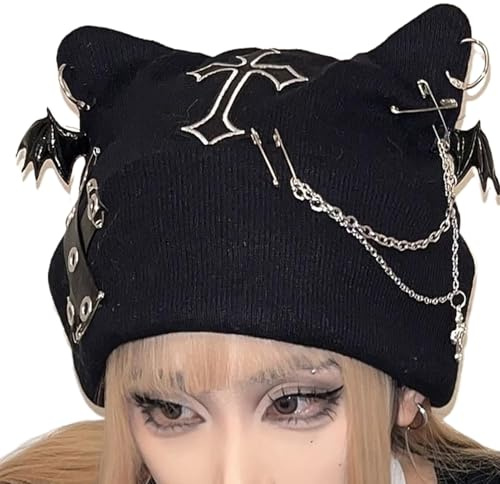 Generico Katt Öronformad Mössa | Punk Virkkedja Streetwear Design | Goth Varm Hatt För Vinter | För Kvinnor Flickor Tonåring Jul Utomhus Cosplay Party