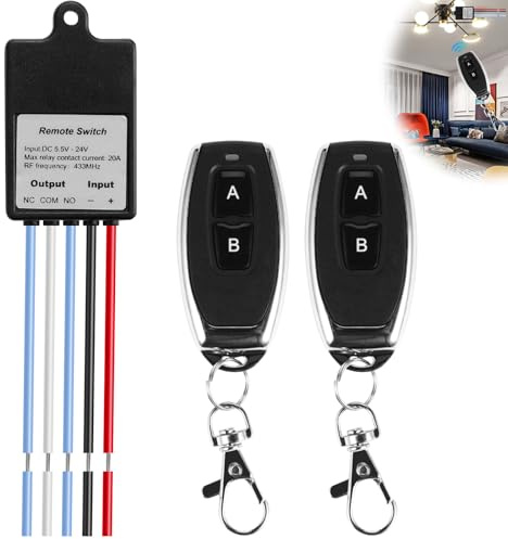 Interruptor de mando a distancia: interruptor inalámbrico de 12 V, CC 5,5 V ~ 24 V, 20 A, interruptor remoto de 50 m de largo, con 2 mandos a distancia para lámparas de techo, lámparas, motor