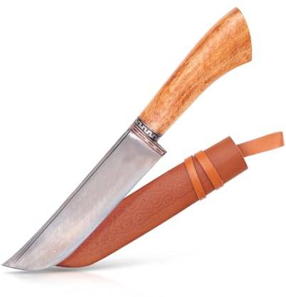 ZARENHOFF Usbekisches Kochmesser mit Scheide - Traditionelles Messer Pchak aus Kohlenstoffstahl Handgeschmiedet - Allzweck-Küchenmesser mit Ahorn Holz-Griff (16 cm)