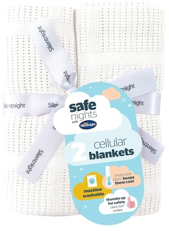 Silentnight Safe Nights Baby Blanket - Pack of 2 Soft 100% Cotton Cellular Baby Blanket for Newborn Ideal for Cot, Crib, Moses Basket and Pram - Baby Essentials - 2 Pack - White