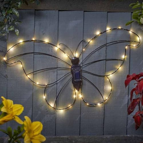 Garden Mile Large Solar Butterfly Wall Light – Metal Wire Garden Wall Decor with 40 Warm White LEDs, Outdoor Decorative Lighting for Patio, Fence, Balcony & Garden