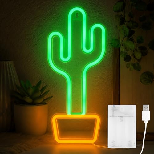 ENLACE Luci al neon a LED Cactus, decorazione verde e giallo, lampada da tavolo per camera da letto e soggiorno