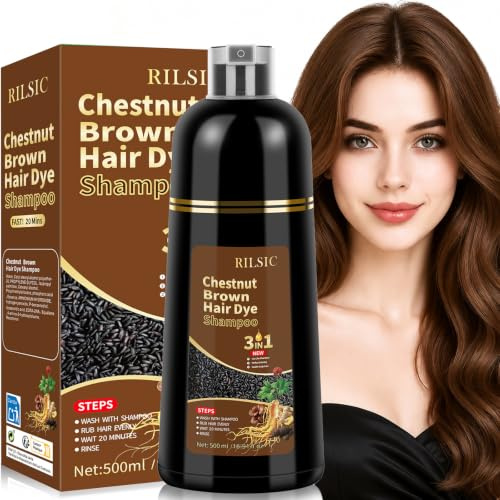 500 ml Hair Dye Shampoo 5-i-1, hårfärgningsschampo hårfärg mot grått hår, hårfärg, omedelbar färgschampo, färgschampo toningsschampo grått hår täcker för män kvinnor (Chestnut)