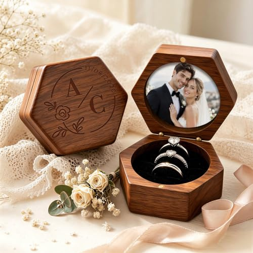 WBW Personalisierte Holz Ringbox mit individueller Gravur Foto Text Symbol, Verlobungsring Schatulle als Geschenk für Heiratsantrag, Verlobung, Hochzeit, Jahrestag (Sechseckig 1)