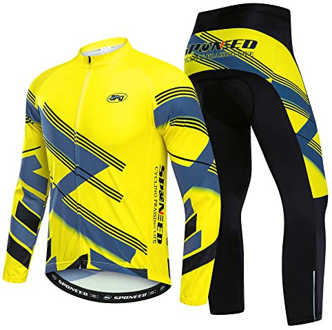 Herren Fahrradbekleidung Set Langarm Fleece Kleidung Winddicht Fahrradjacke Winter Gel Gepolsterte Hose XL Gelb