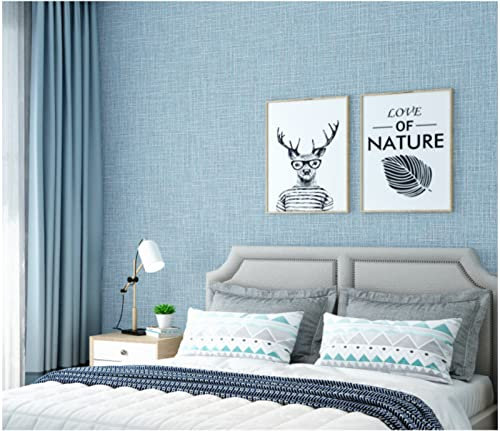 Azzurro Carta da Parati in Tessuto Non Tessuto Texture Simile Al Lino 3D Tinta Unita Moderna Minimalista per Soggiorno, Camera Da Letto, Cucina - 9,5 m x 0,53 m