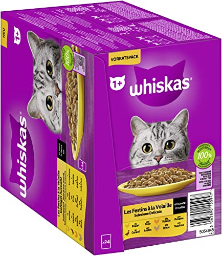 Whiskas 1+ kattmat fjäderfä urval i sås, 24 x 85 g (1 förpackning) – högkvalitativt våtfoder för vuxna katter i 24 portionspåsar