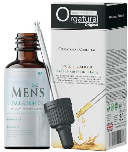 Orgatural (3in1) Olio per il viso e la pelle dell'uomo '55 - Olio di semi di canapa, lampone, enotera - Non grasso, 100% organico, vegano, naturale, spremuto a freddo + 30ml pipetta