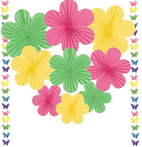 BSITSSS Papel para Fans, 11 Piezas Decoración para Fiestas, Guirnaldas Colgantes Color Rosa, Amarillo y Verde, Flores, Abanicos de Papel, Decoración para Bodas, Cumpleaños (35cm/25cm/20cm)