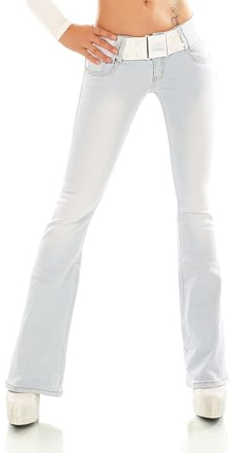 Zeralda Fashion Damen Hüft Jeans Hose Bootcut Schlag Slimfit Strtech Denim inkl. Gürtel XS S M L XL (DE/NL/SE/PL, Alphanumerisch, S, Regular, Regular, Hellblau-937-5)