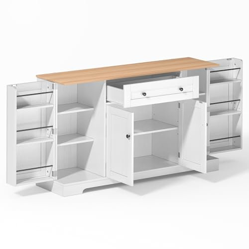 Armario de cocina multifuncional de 138 cm, aparador con cajón, puertas de estantería y estantes ajustables, diseño moderno con protección antivuelco, para cocina, salón y dormitorio (natural+blanco)
