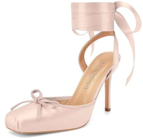 Z.Oufeier Women's Satin Ballet Heels Ballerina Square Toe Slingback Pumps | Bow Closed Toe Strappy Stiletto High Lace Up Ankle Strap Wrap Around Mary Janes Pumps Dress Shoes