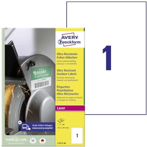 AVERY Zweckform L7917-40 Strapazierfähige Folienetiketten (40 Aufkleber, 210x297mm auf A4, extrem stark selbstklebend, für schwierige Oberflächen, bedruckbare Outdoor Klebefolie) 40 Blatt, weiß