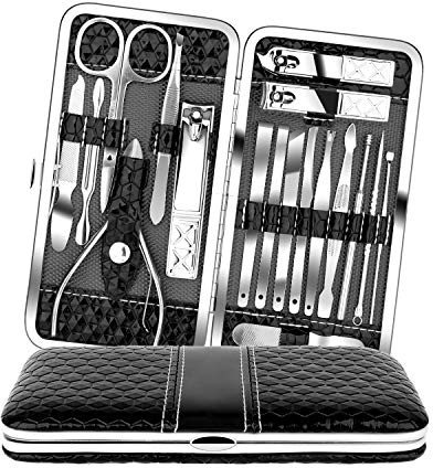 Teamkio Manicure Pedicure Set Nail Clippers Travel Hygiene Kit Stainless Steel Nail Cutter Care Set Scissor Tweezer Knife Ear Pick Utility Tools Grooming Kits with Leather Case 18 in 1 pcs (Black)