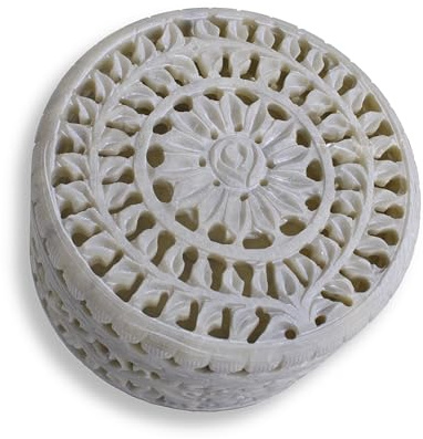 Budawi® Räucherdose aus Speckstein – Handgeschnitzte runde Dose Ø 10 cm – Räuchergefäß & Aufbewahrungsbox – Schuckdose - Naturstein-Dose mit Ornamenten