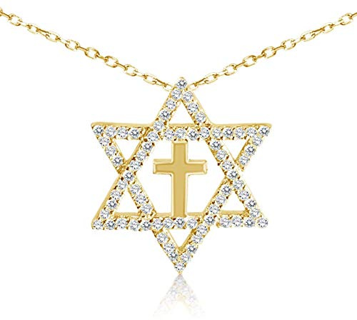 Alef Bet by Paula 14k Gold Plated Sterling Silver 925 Star of David and Cross Interfaith Necklace CZ Pendant Judeo Christian Unity Jewelry Gift for Women Messianic