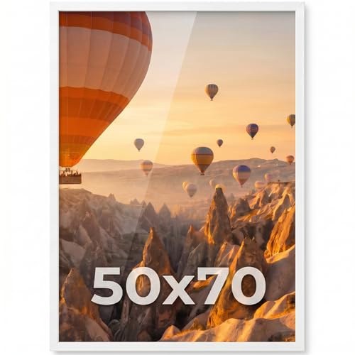 PHOTOLINI Bilderrahmen 50x70 Weiss Holz MDF, 50x70 cm Bilderrahmen groß, Rahmen 70x50 Puzzle, bruchsicheres Acrylglas, picture frame zum Aufhängen, Posterrahmen für Fotos, Puzzle & Poster