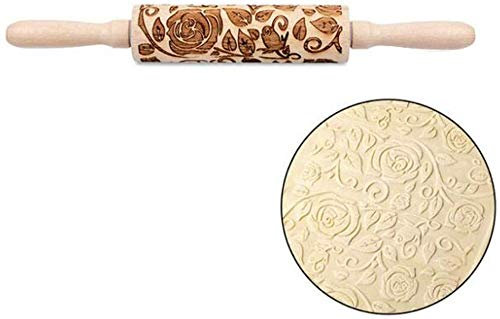 Nudelholz aus Holz, Antihaft-Laser, mit Blumenprägung, Nudelholz, Fondant, Kuchen, Teig, Gravierte Roller, Backen, Dekorieren, Kekse, Nudeln, Schokolade, Prägeform, Gebäck-Werkzeug, 35 x 5 cm