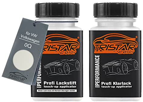 TRISTARcolor Autolack Lackstift für VW/Volkswagen 0Q Pure White +1K | Oryxweiss, Set aus Basislack + Klarlack, Lackfläschchen mit Pinsel, je 50ml
