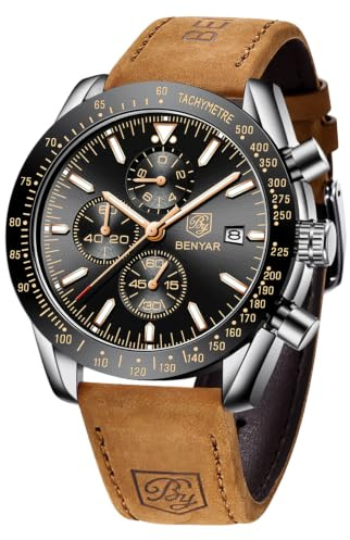 BENYAR, Relojes Hombre, Movimiento Cuarzo, Cronógrafo, Correa Piel/Acero/Silicona, Diseño Deportivo Negocio Moda, 30M/50M Impermeable, Resistente a los Arañazos, Regalos Elegantes para Hombres